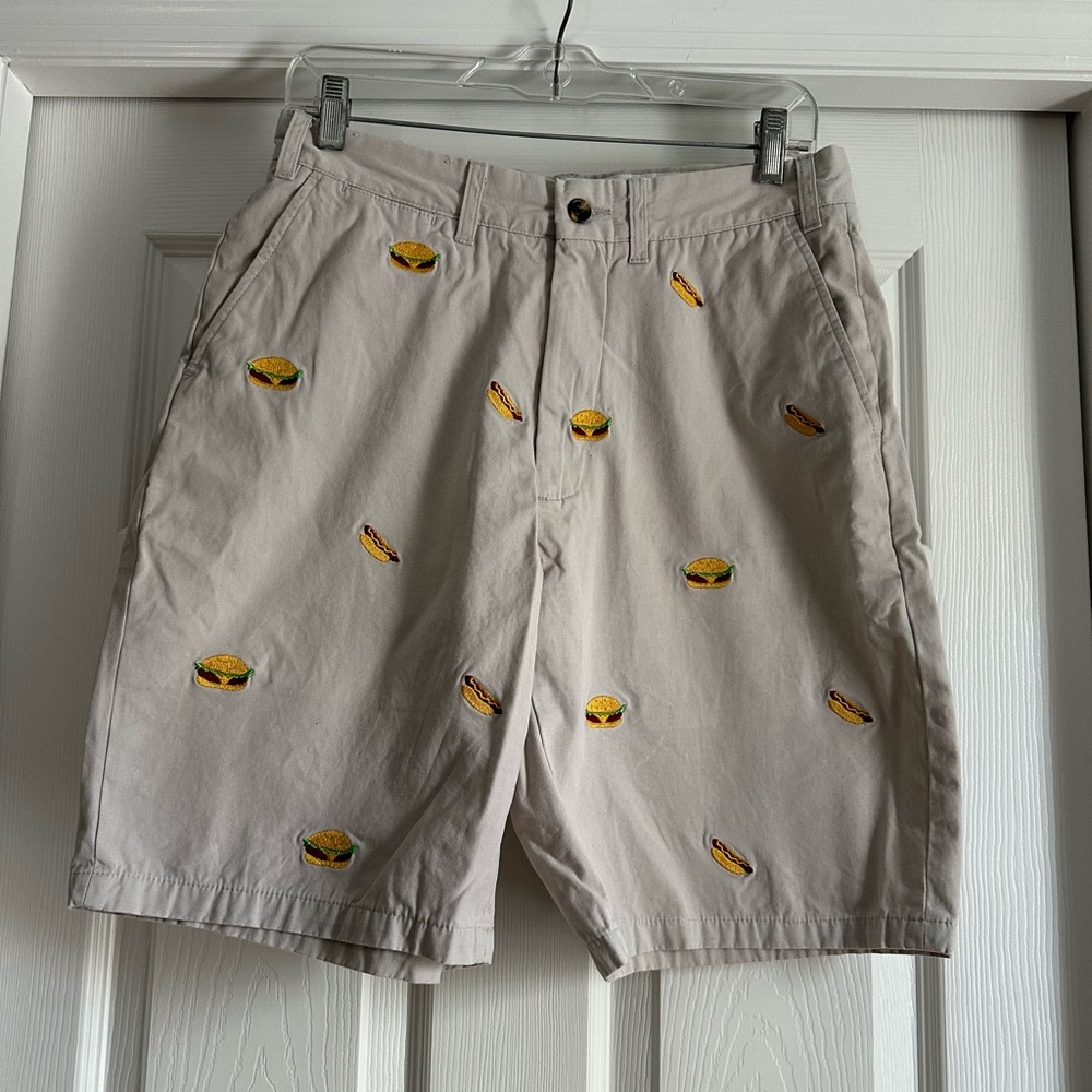 Cute Castaway hamburger and hotdog embroidered shorts